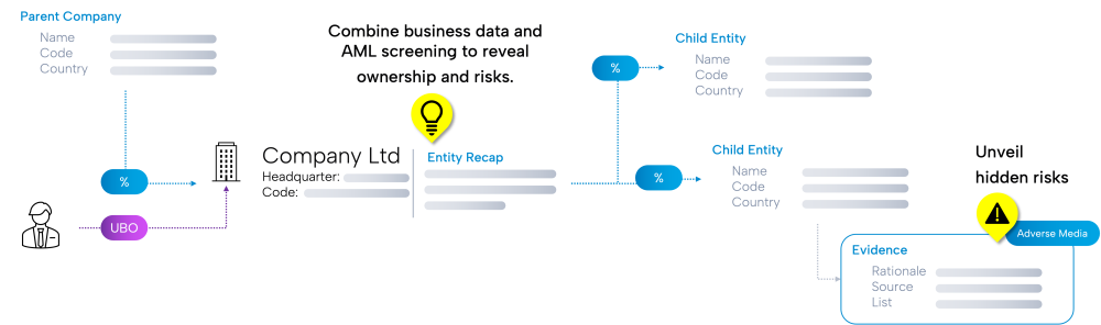 Combine business data and AML screening to reveal ownership and risks.